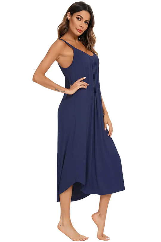 Dark blue V-neck midi lounge dress, sleeveless with gathered front and midi length