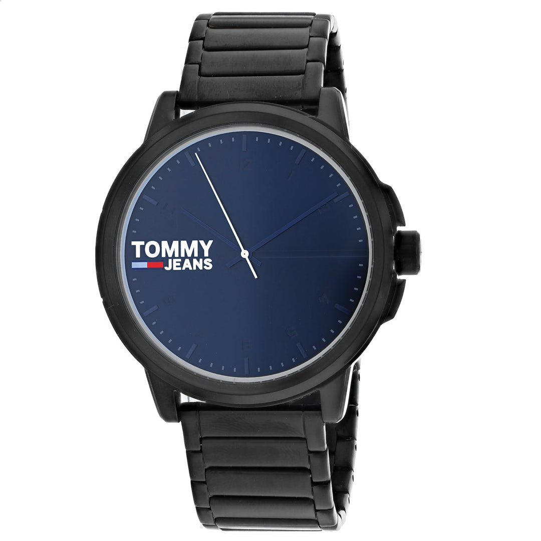 Tommy Jeans Herrenarmbanduhr, blaues Zifferblatt, schwarzes Armband, seitliche Krone