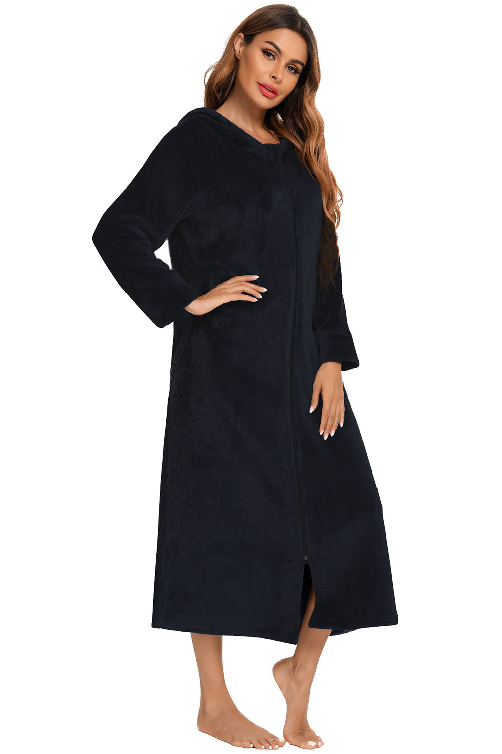 Black zip-front hooded night dress with side pockets, front view, long sleeves