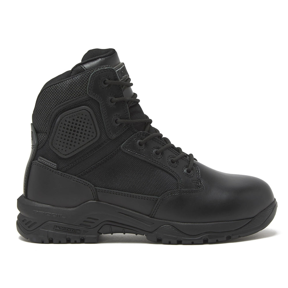 Black waterproof lace-up boot with textured quarter panel and rubber toe cap