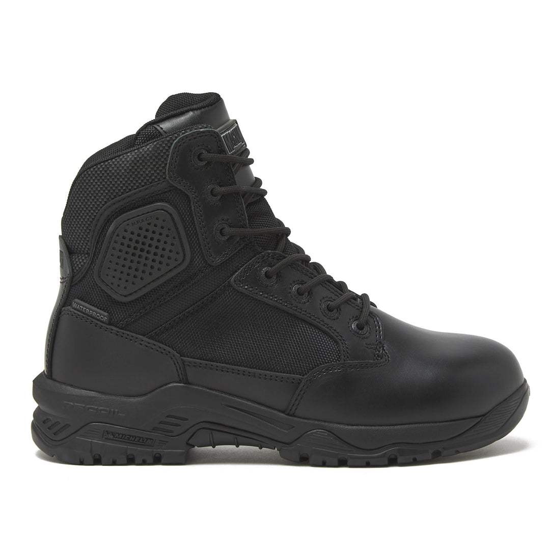 Black waterproof lace-up boot with textured quarter panel and rubber toe cap