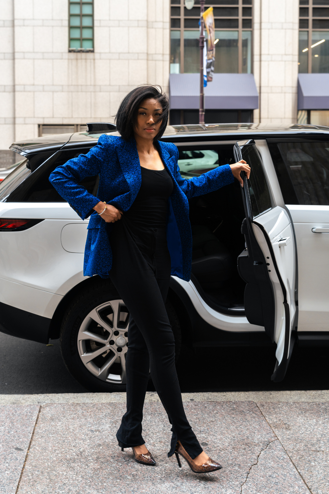 PREMIER blazer blue patterned, draped shoulder and black button closures