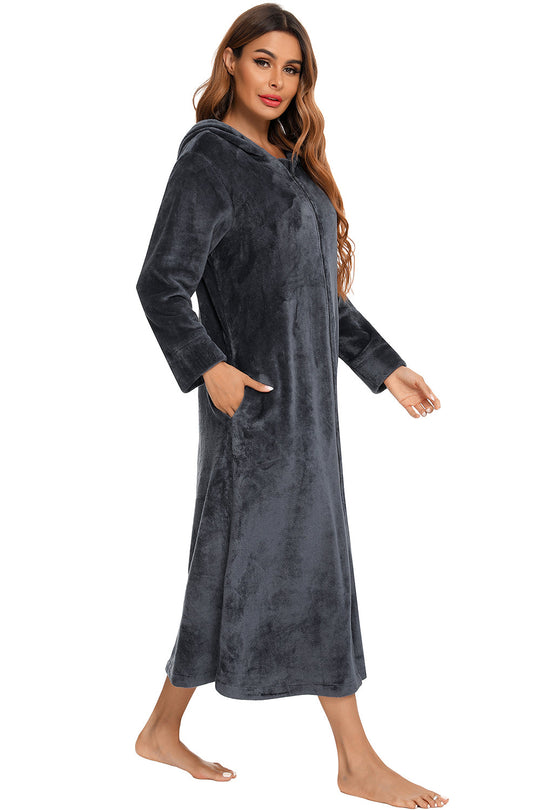 Charcoal hooded night dress with zip front and pockets, long sleeves, midi length