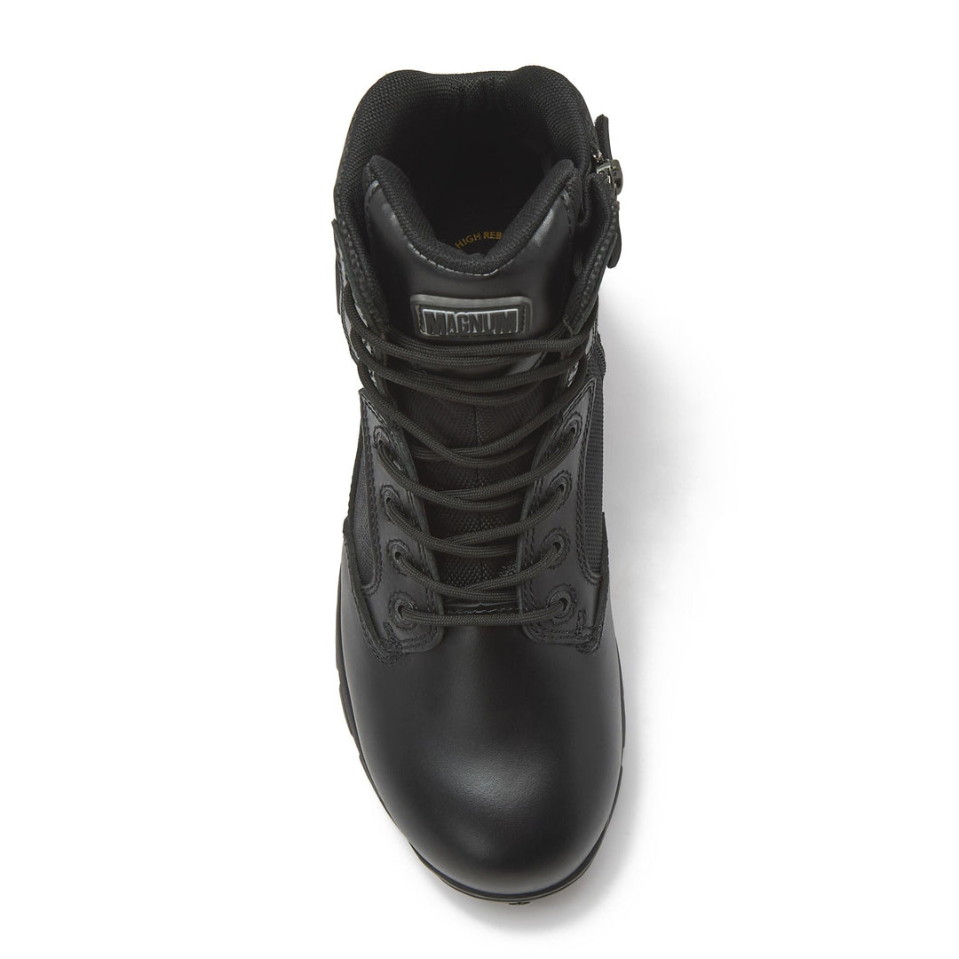 Black waterproof boot top view with laces, padded tongue, and pull loop