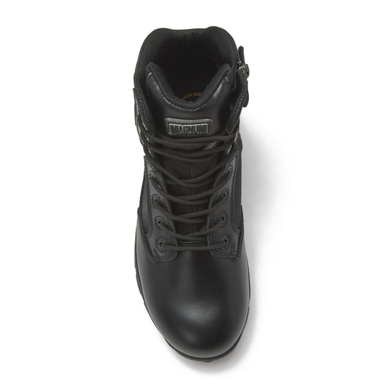 Black waterproof boot top view with laces, padded tongue, and pull loop