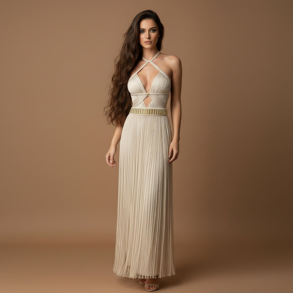 Ivory Selene resort festival dress: halter crisscross bodice, fringe maxi skirt