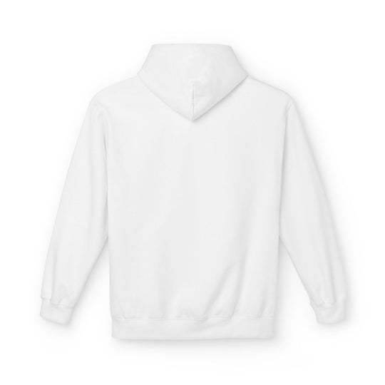 White pullover hoodie with front hood and kangaroo pocket, plain sweatshirt.