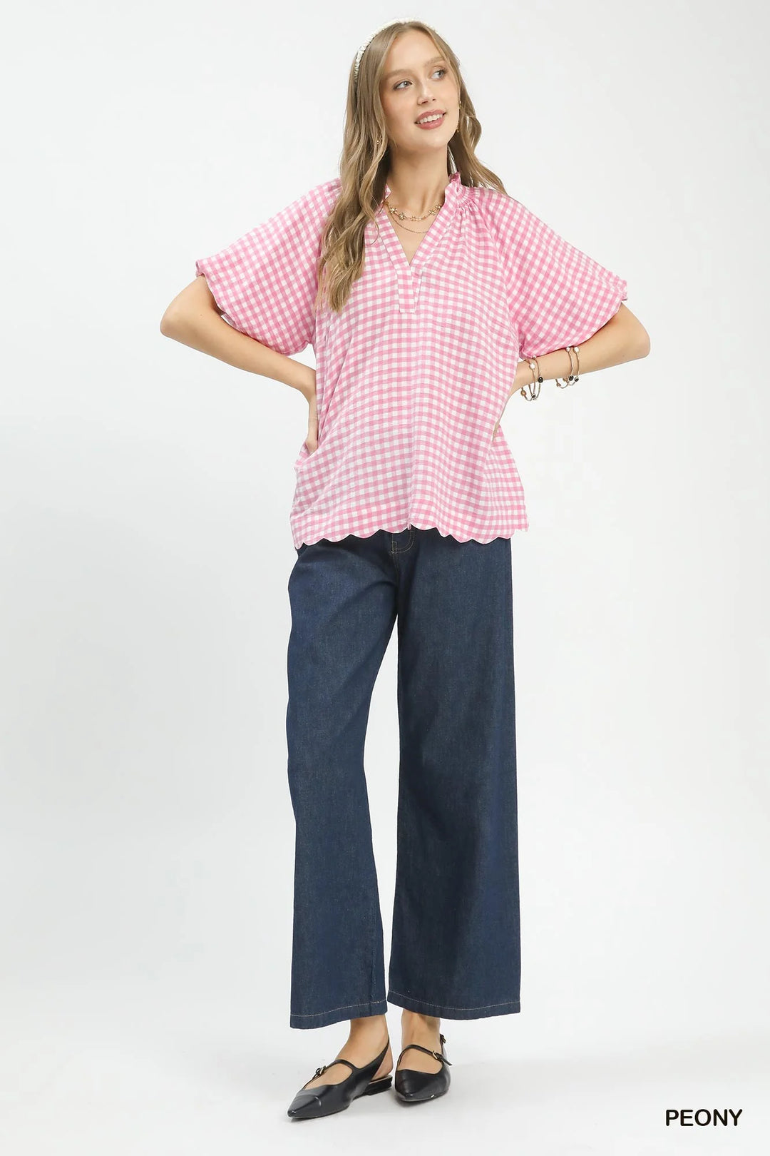 Pink PEONY gingham blouse with short bubble sleeves and scalloped hem, loose fit