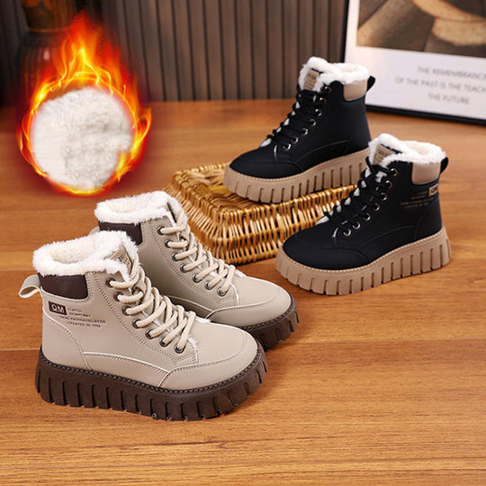 Beige und schwarze Schnürstiefeletten mit Kunstfellkragen und Profilsohle