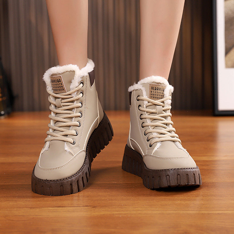 Beige Schnürstiefelette mit Kunstfellfutter und dicker Profilsohle