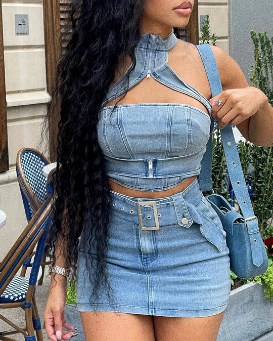 Blue denim mini dress set with halter crop top and ruched waist seam detail