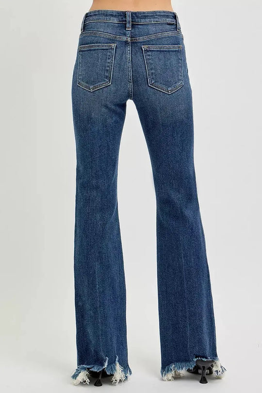 RISEN mid-rise flare jeans, back pockets, dark wash with frayed cuffs