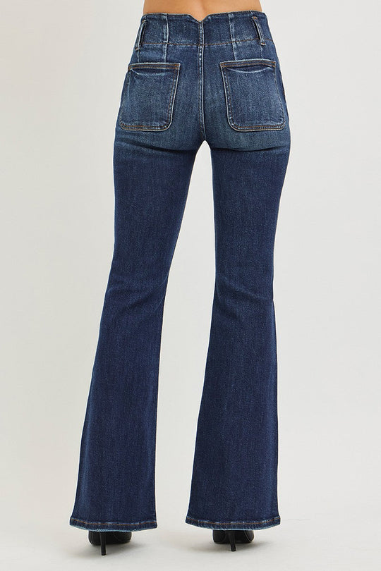 Dark wash high-rise flare jeans with back patch pockets and yoke seam detailing