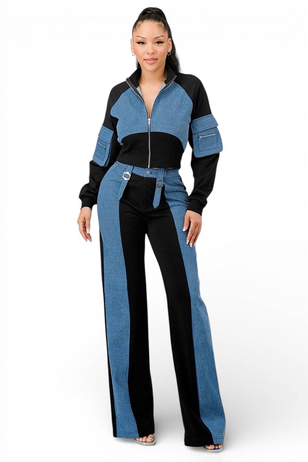 Crop-Jeansjacke mit Reißverschluss &amp; weite Hose, schwarz/hellblau Kontrast