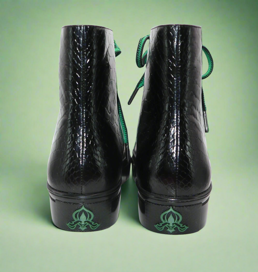 Back view of black high-top sneakers with green laces and logo on heel