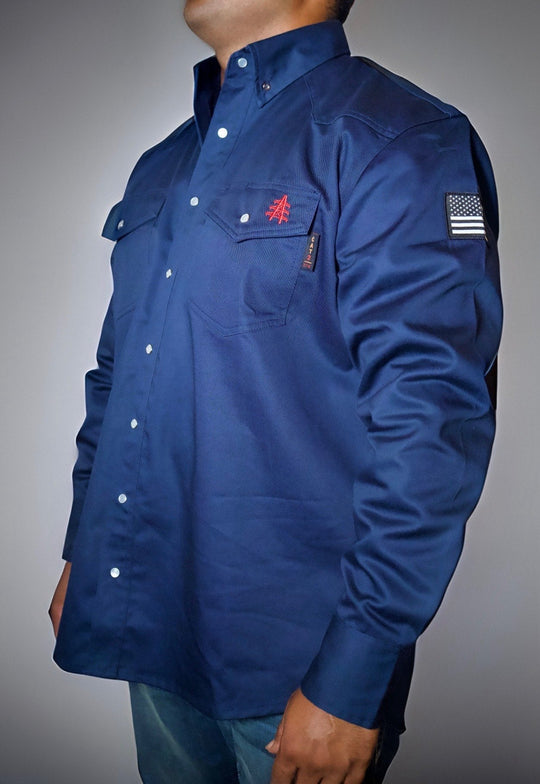 Navy FR western shirt with pearl snap front, chest pocket, and embroidered emblem