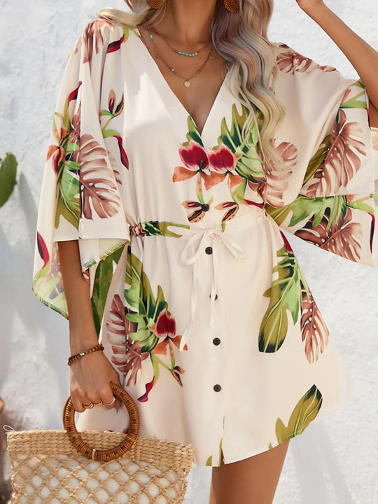 Floral button-up mini dress with drawstring waist and half sleeves