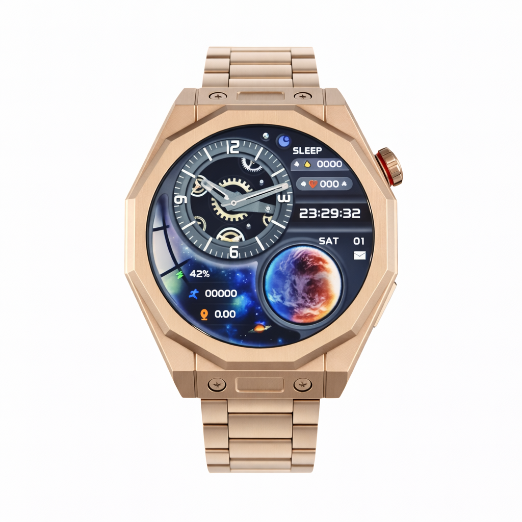 Premium-Smartwatch mit goldfarbenem Metallarmband und achteckigem Gehäuse, schwarzes Display