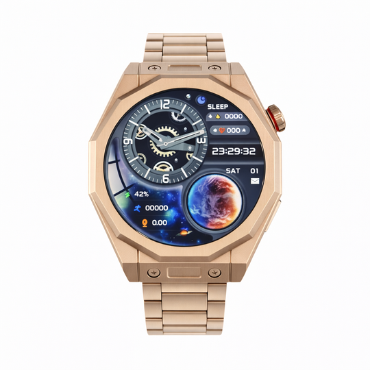 Premium-Smartwatch mit goldfarbenem Metallarmband und achteckigem Gehäuse, schwarzes Display