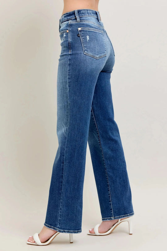 Judy Blue full-size high-waist straight-leg jeans, back view with flap pockets, medium wash