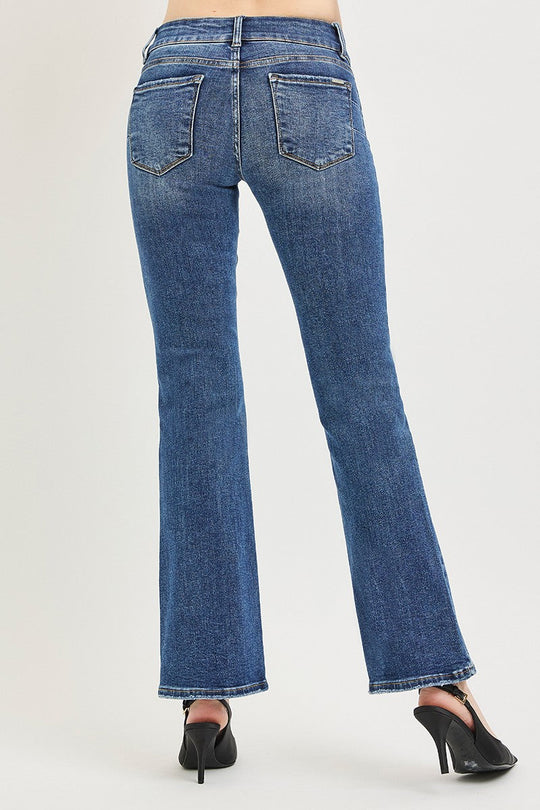 Medium wash low-rise bootcut jeans with two back patch pockets (back view)