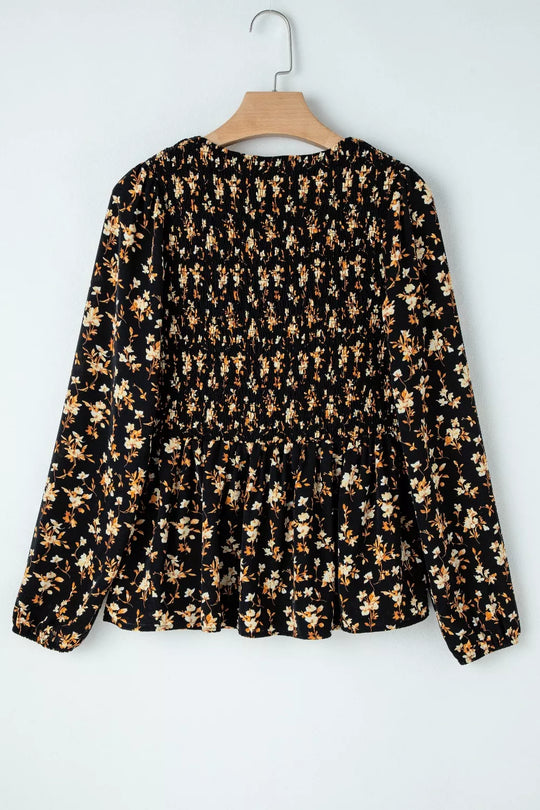 Floral Print Smocked Waist Long Sleeve Blouse