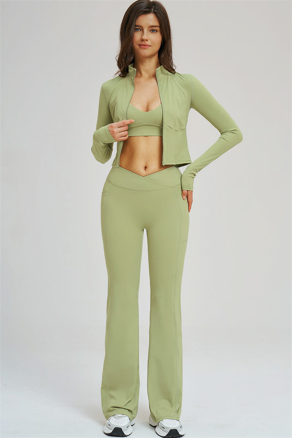 Olive green sports bra with zip-front jacket and high-waist flared leggings