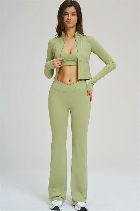 Olive green sports bra with zip-front jacket and high-waist flared leggings