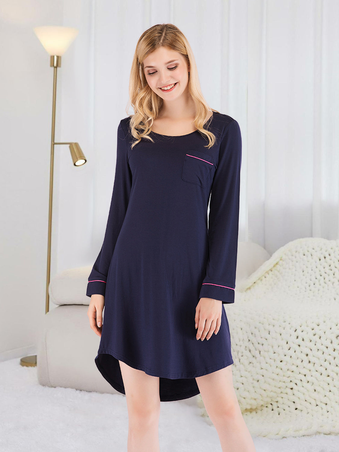 Nachtkleid mit Rundhalsausschnitt und Tasche, Dark Navy, 3/4-Ärmel mit Zierband