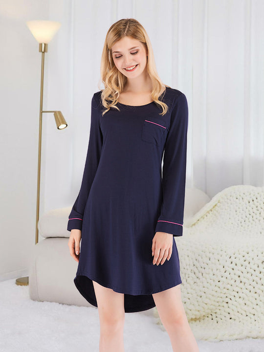 Nachtkleid mit Rundhalsausschnitt und Tasche, Dark Navy, 3/4-Ärmel mit Zierband