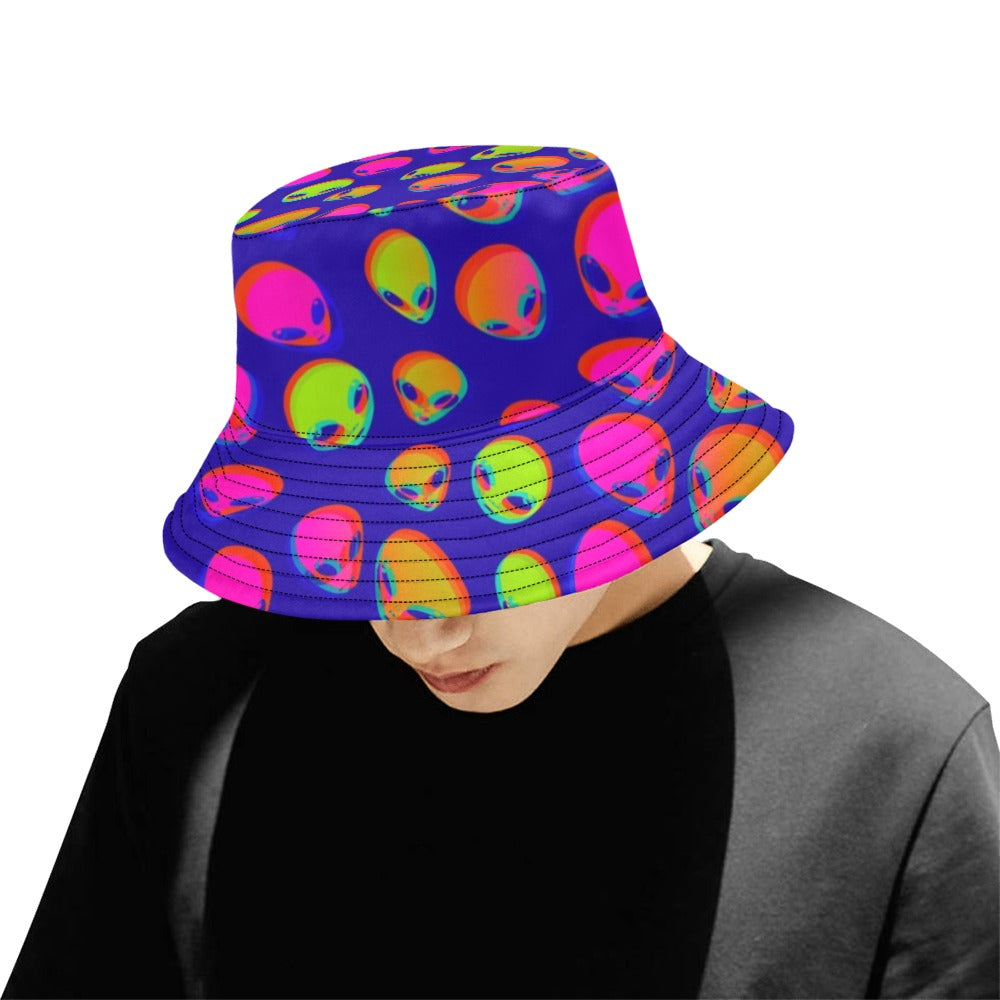 Neon alien blast bucket hat, purple with multicolor alien faces and wide brim