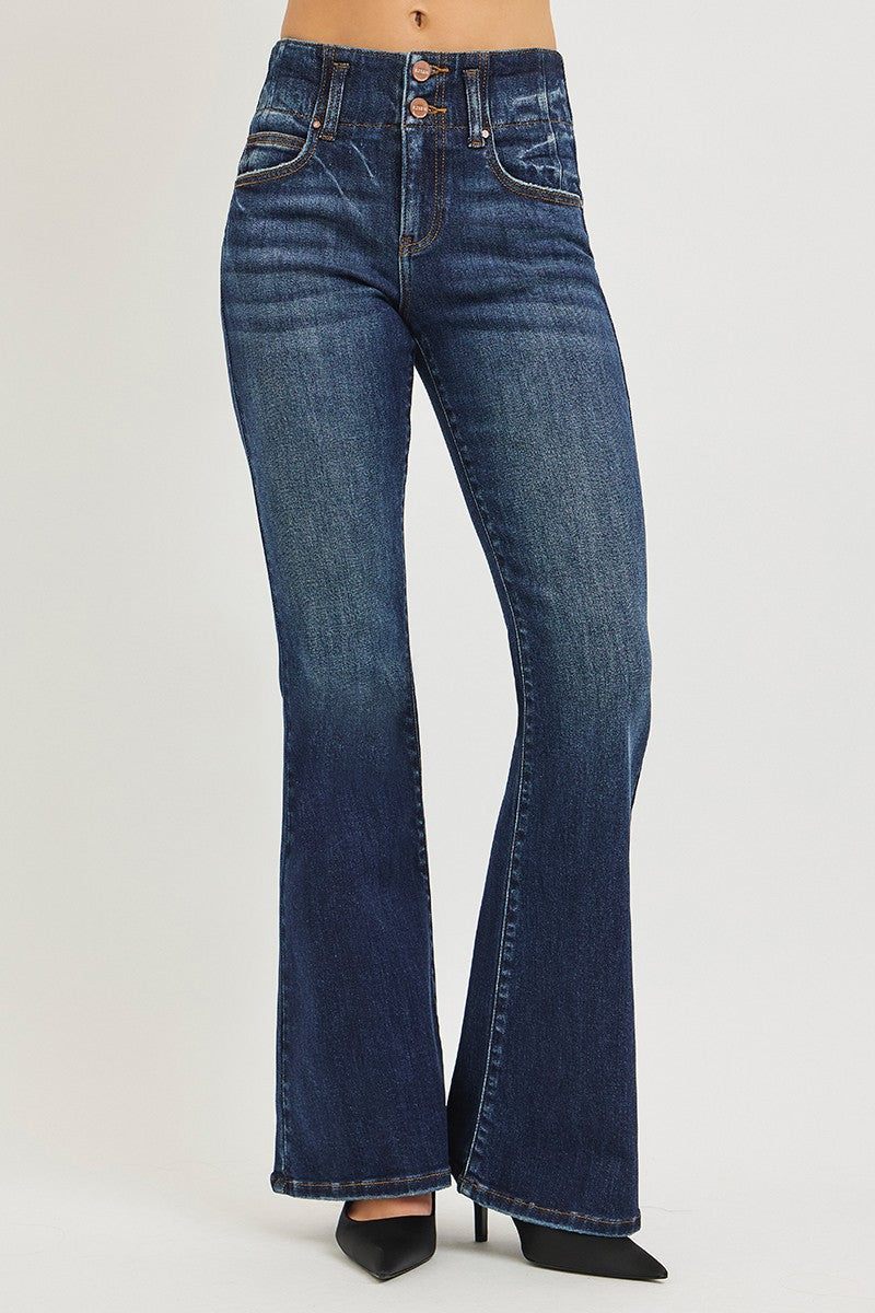 Dark wash high-rise flare jeans with front pockets, belt loops, and button-fly
