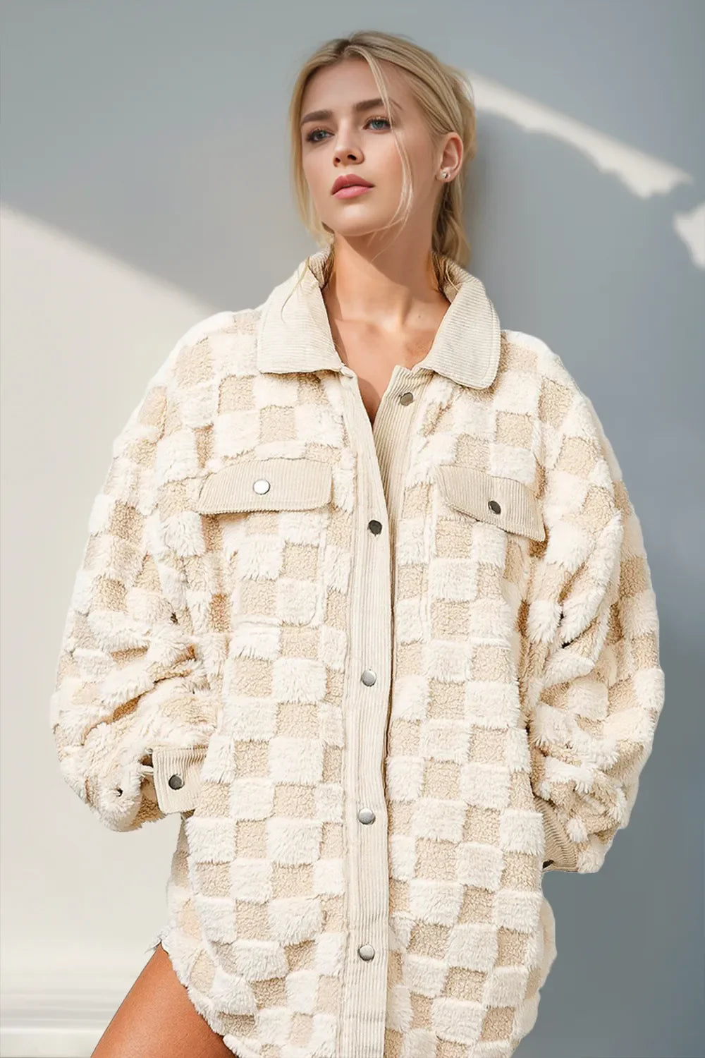 Cream fuzzy checkered shacket: button-up front, point collar, flap chest pockets
