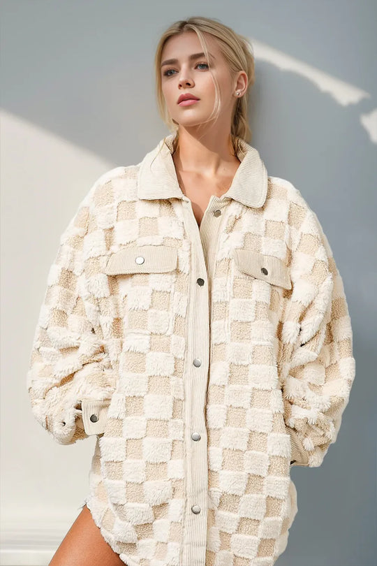 Cream fuzzy checkered shacket: button-up front, point collar, flap chest pockets