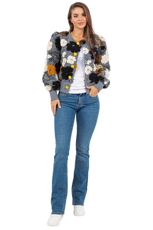 Gray fuzzy floral appliqué jacket with yellow button front, long sleeves