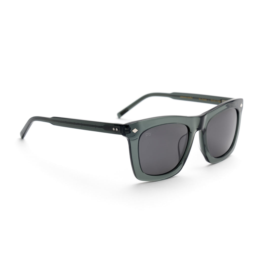 Devlin sunglasses, side view; dark green frame and gray smoke lenses