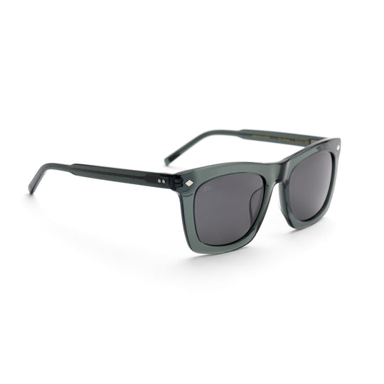 Devlin sunglasses, side view; dark green frame and gray smoke lenses