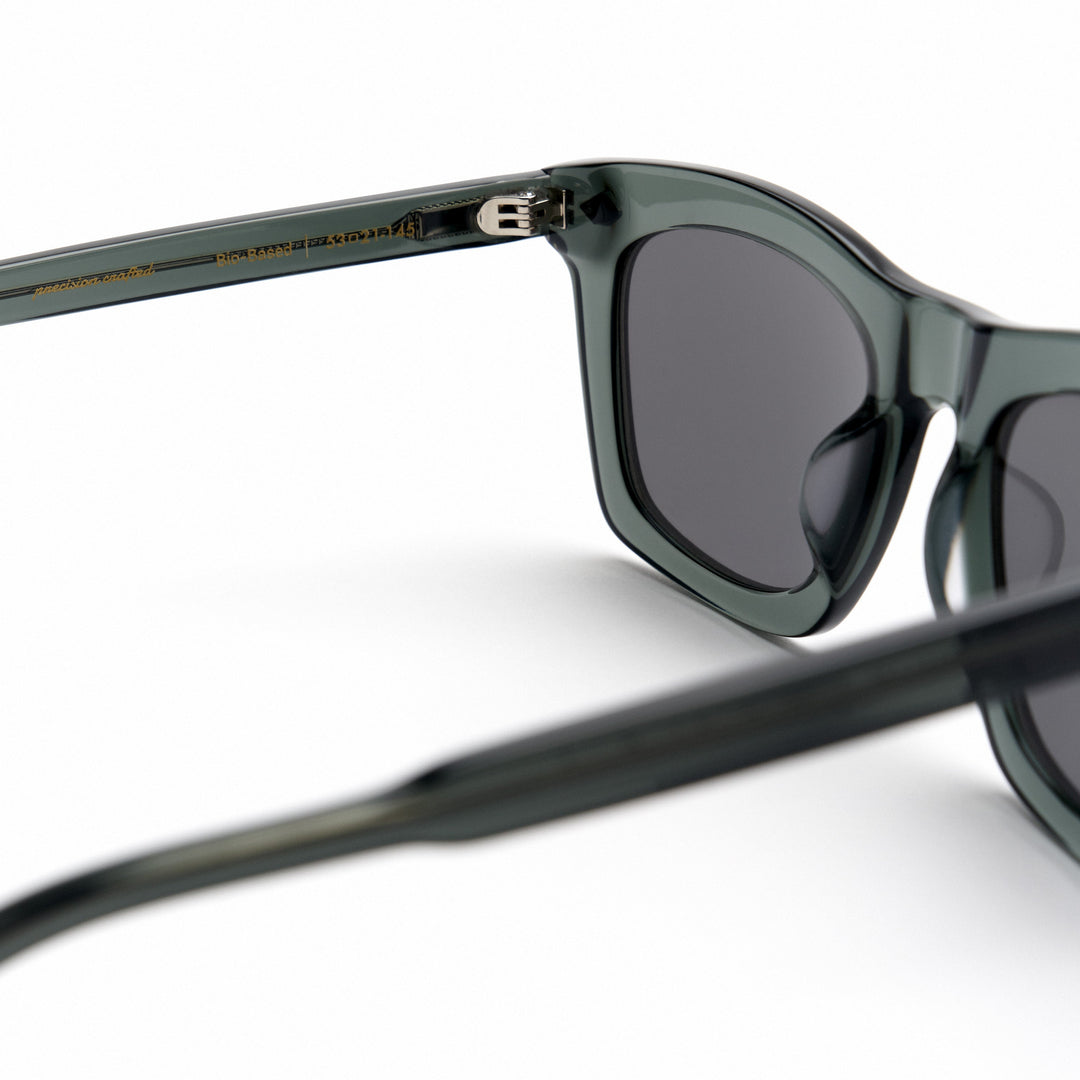Devlin sunglasses close-up; dark green temple with metal hinge and smoke lens