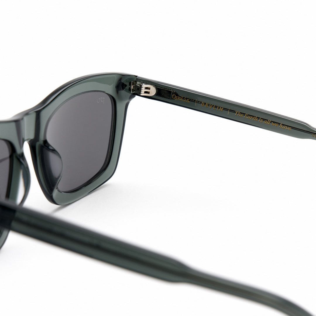 Devlin sunglasses close-up; dark green frame with metal detail at hinge