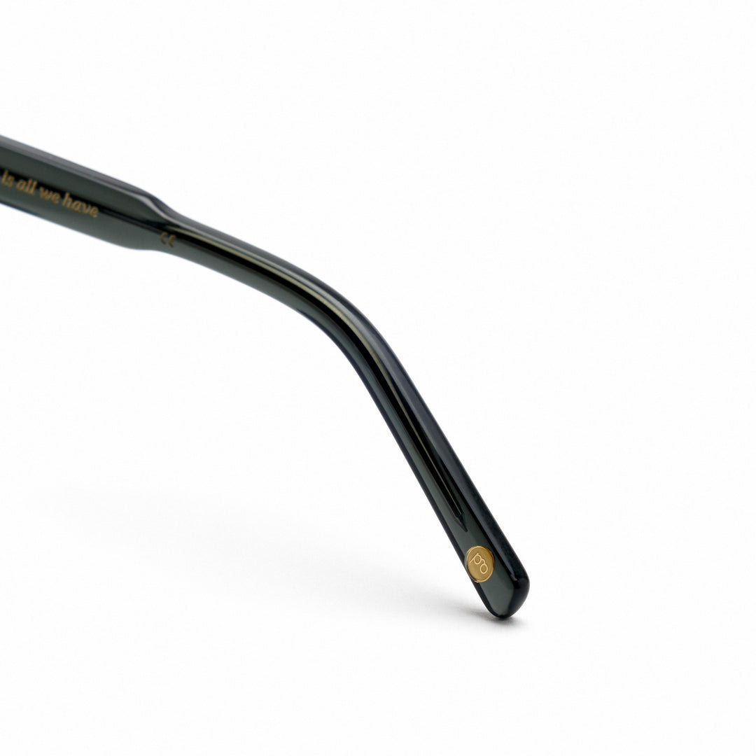 Devlin sunglasses temple arm, dark green with small gold logo