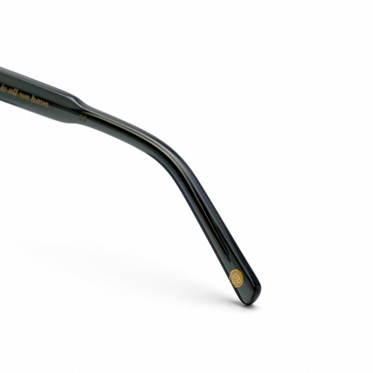 Devlin sunglasses temple arm, dark green with small gold logo