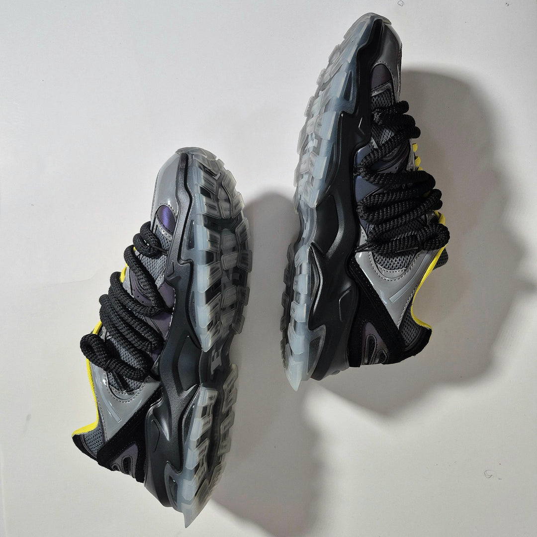 ICON V2 “Shadow” shoe pair from side, thick tread sole, neon yellow details
