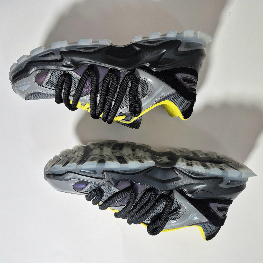 ICON V2 “Shadow” sneaker soles and uppers, black laces, neon yellow hits