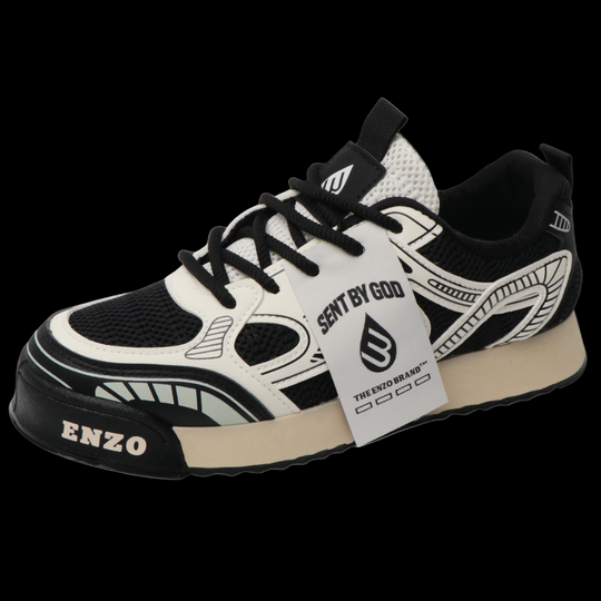 Milk-white low-top sneakers with black mesh panels, lace-up front, ENZO heel tab