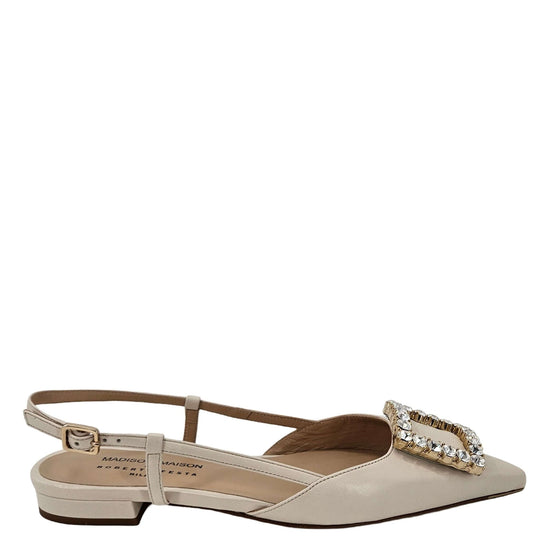 Cream leather sling-back flat with low heel and crystal buckle strap detail