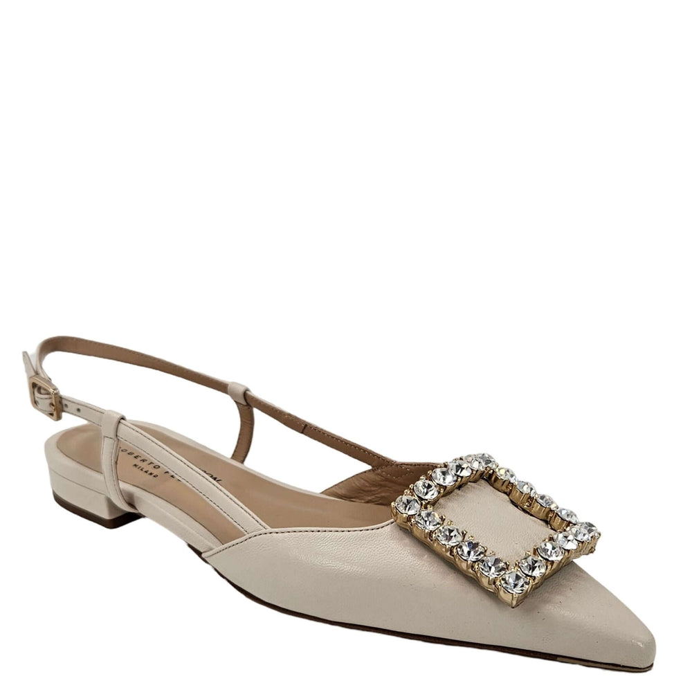 Cream leather sling-back flat, rhinestone strap detail across square toe