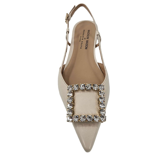 Cream leather sling-back flat with pointy toe and crystal trim at vamp