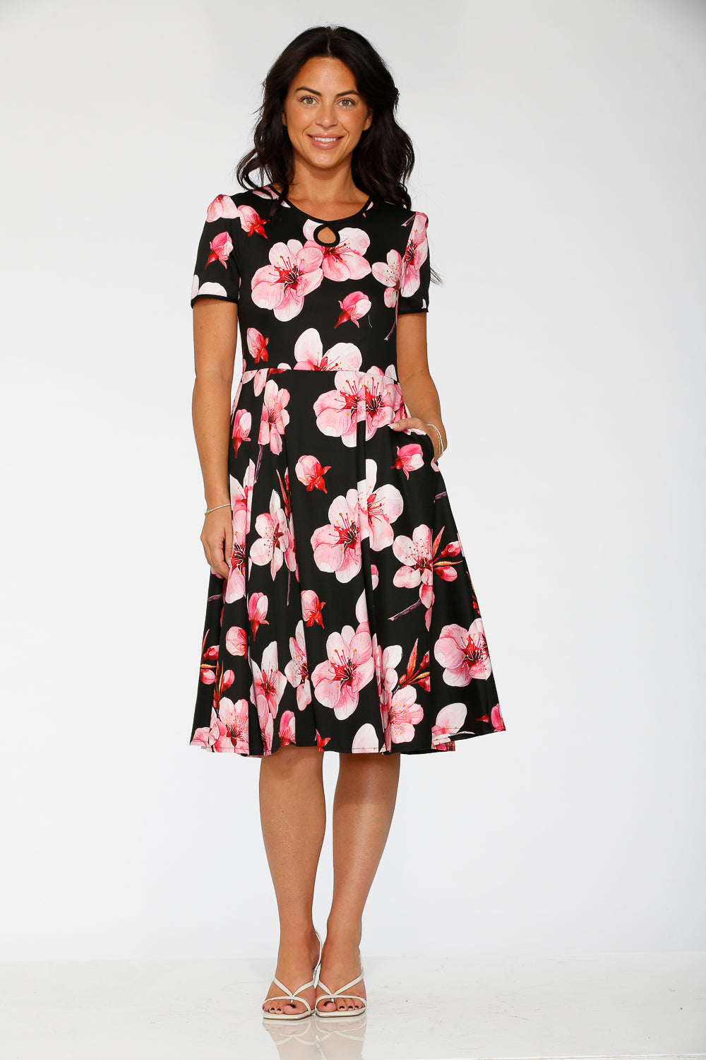 Black swing dress, pink floral print, short sleeves, keyhole round neckline