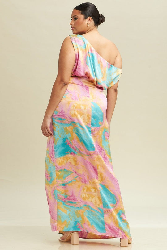 Aura maxi dress multicolor watercolor print; back view with open-shoulder design
