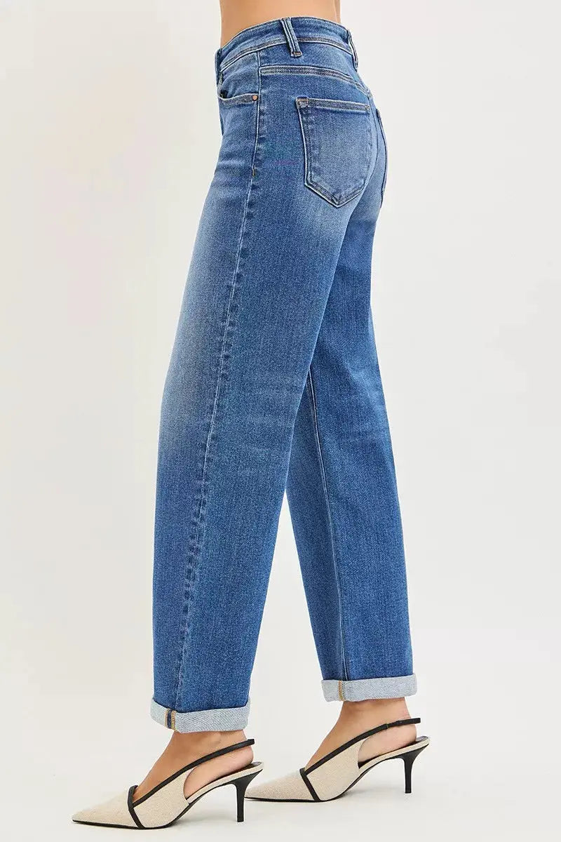 Back view: medium wash high rise straight jeans with patch pockets and cuff